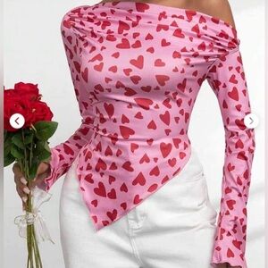 SHEIN Pink Heart Pattern Off-Shoulder Blouse